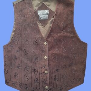 VINTAGE AGAPO Brown Leather Vest EMBROIDERED Suede Brown Tie Back Smal